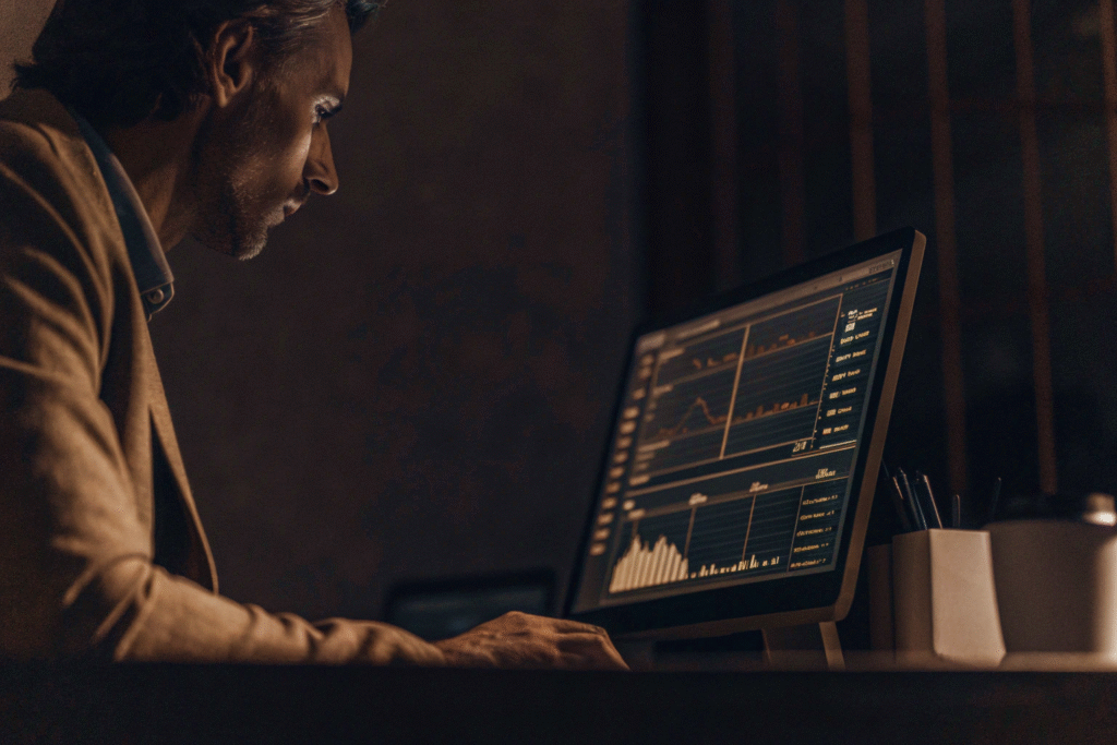A specialist examining website SEO metrics and growth graphs on a computer monitor.