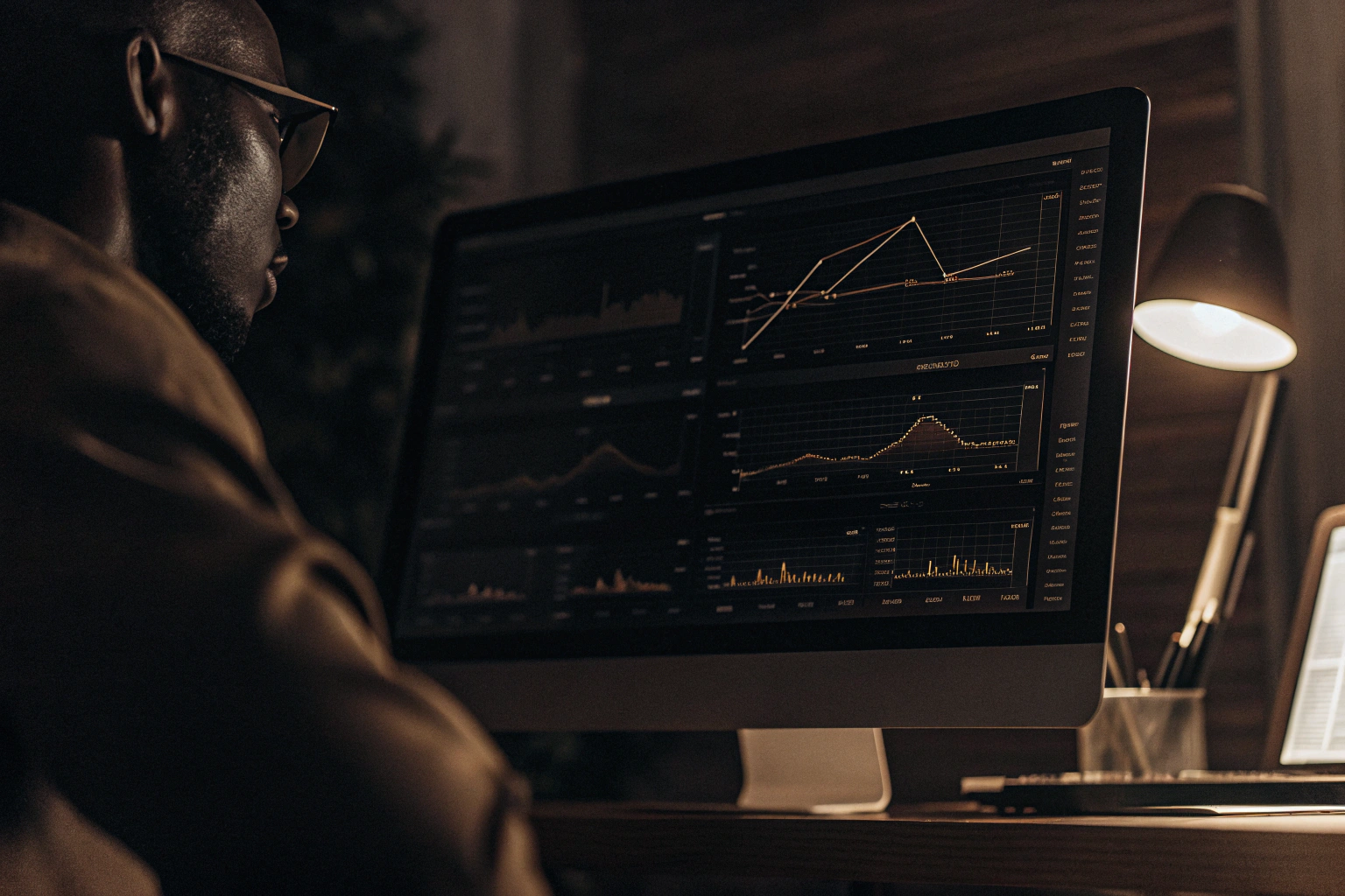 A specialist reviewing website SEO performance charts displayed on a computer screen.