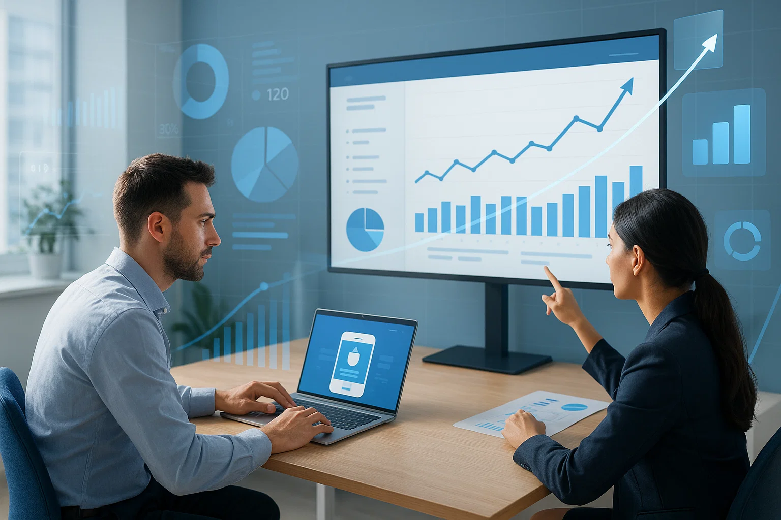 B2B software team analyzing growth data and reviewing app performance metrics.