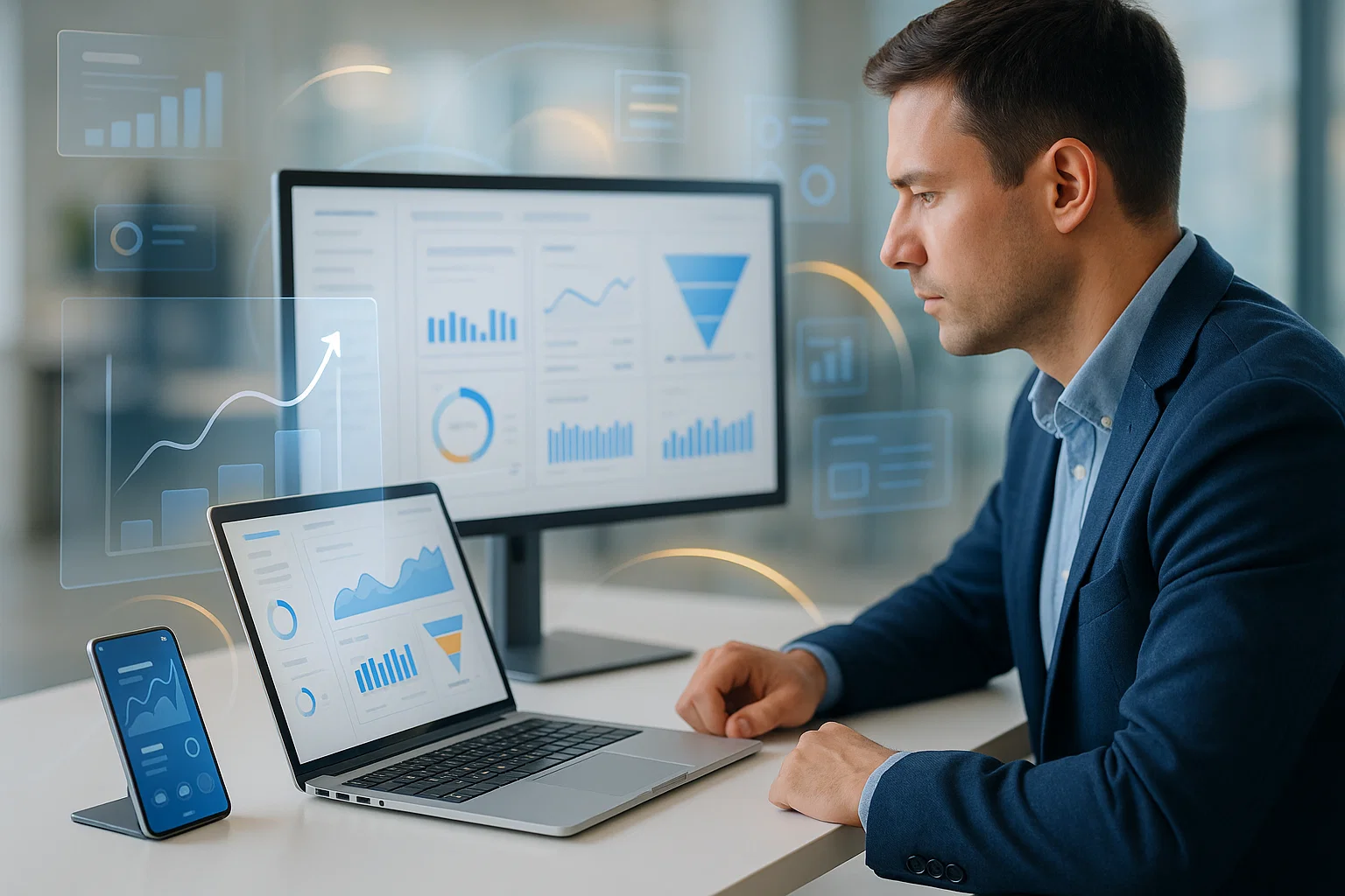 Business analytics manager analyzing data dashboards and performance metrics on multiple devices.