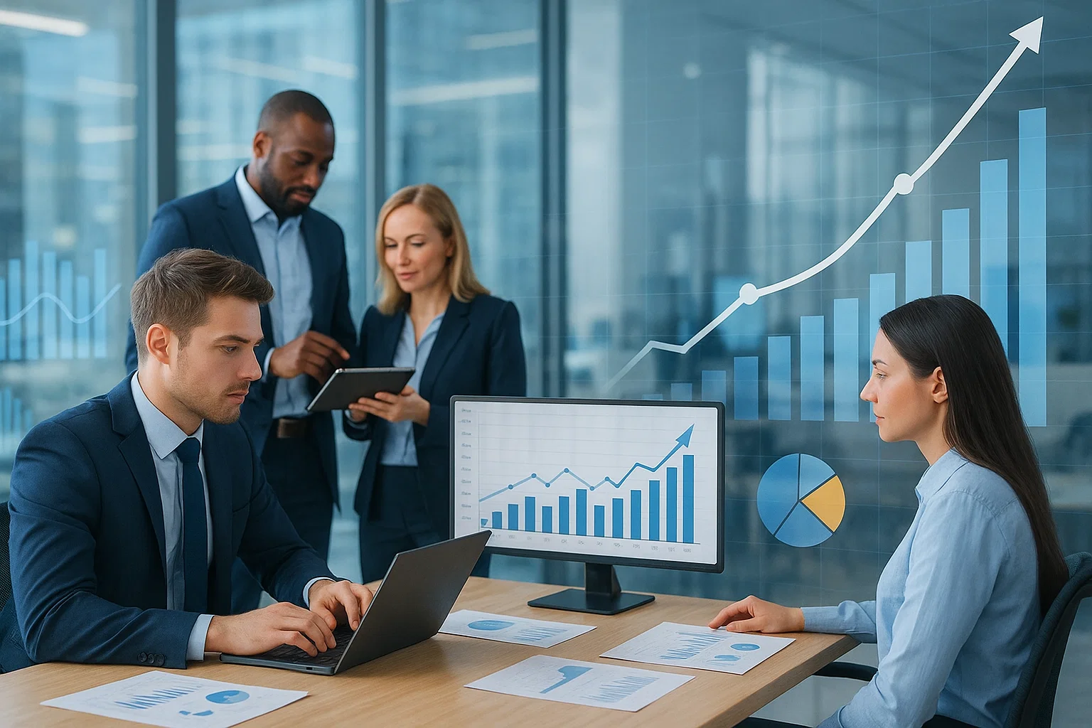 Forex broker team analysis with charts and market growth during strategic meeting.