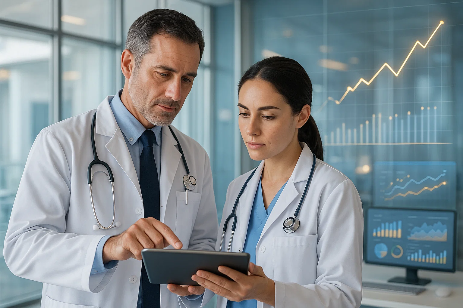Doctors reviewing digital reports in a medical clinic with analytics charts in the background.