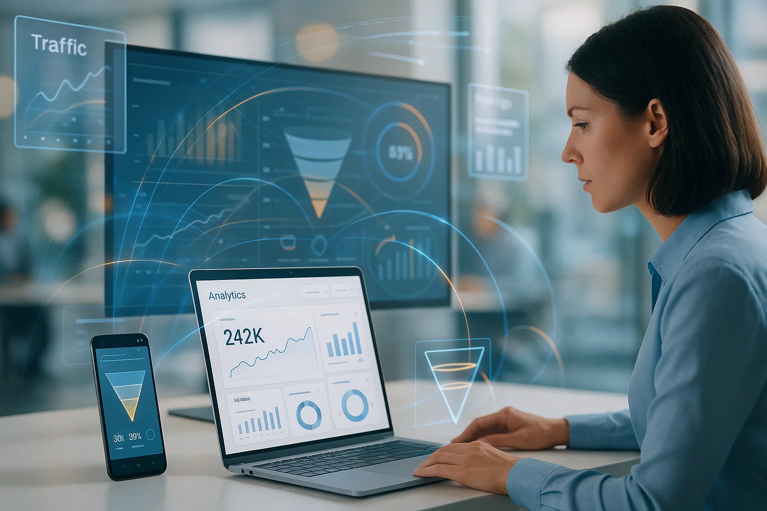 SEO analytics conversion funnel dashboard reviewed by a marketing analyst tracking performance.